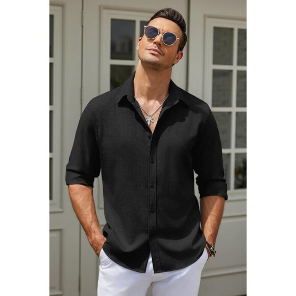 Men Black Long Sleeve Button Down Linen Shirt Casual Untucked Chambray Shirt - Picture 2 of 6